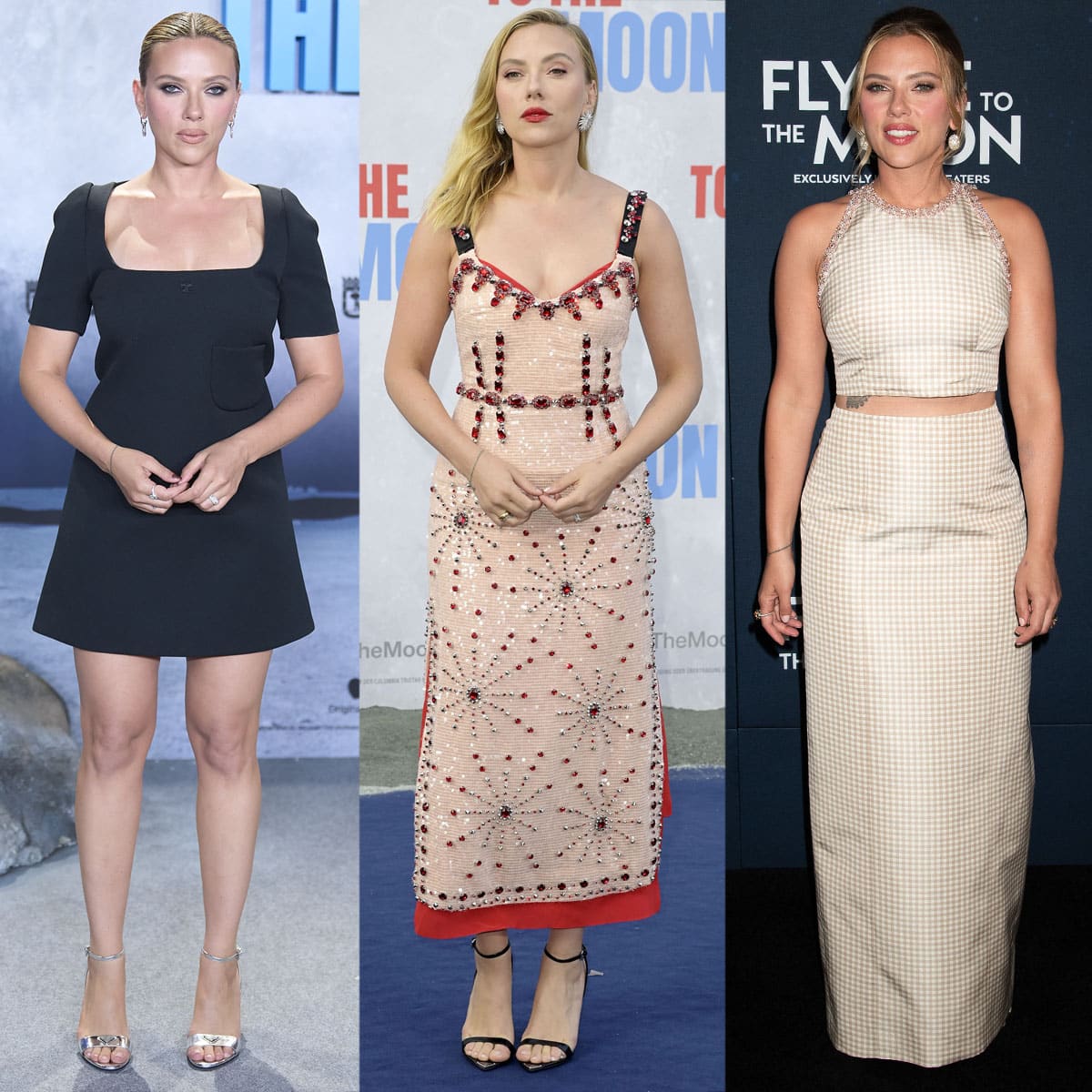 Scarlett Johansson showcases her retro-modern style at the Fly Me to the Moon promotional tour wearing an LBD, an embellished midi dress, and a gingham crop top and column skirt