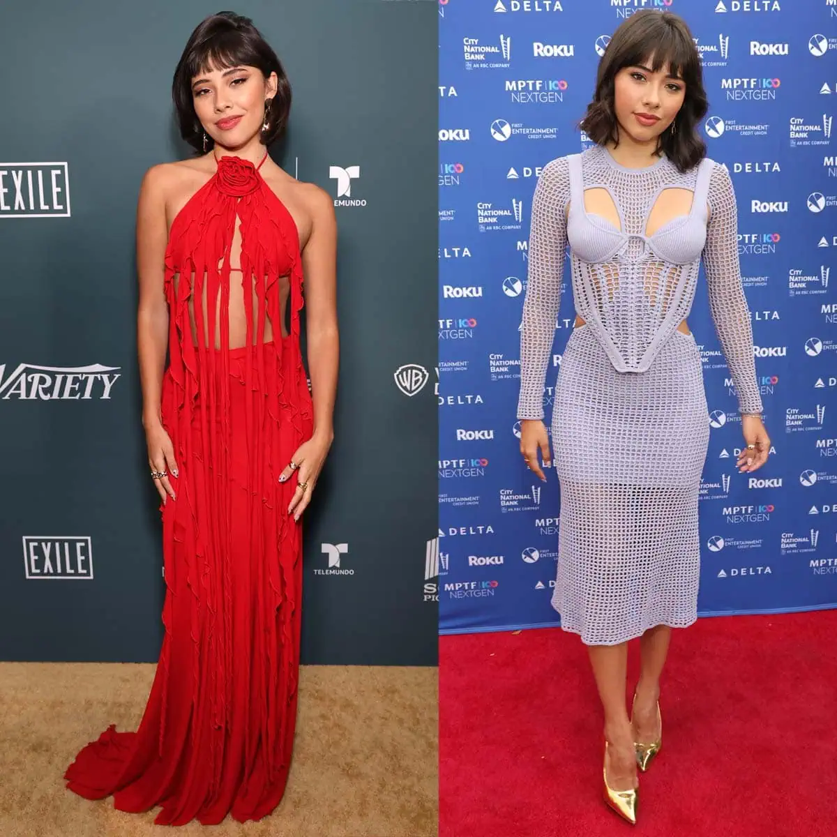 Xochitl Gomez wraps up June with summery ensembles: a red-hot ruffle fringe bra top and skirt and a periwinkle fishnet dress