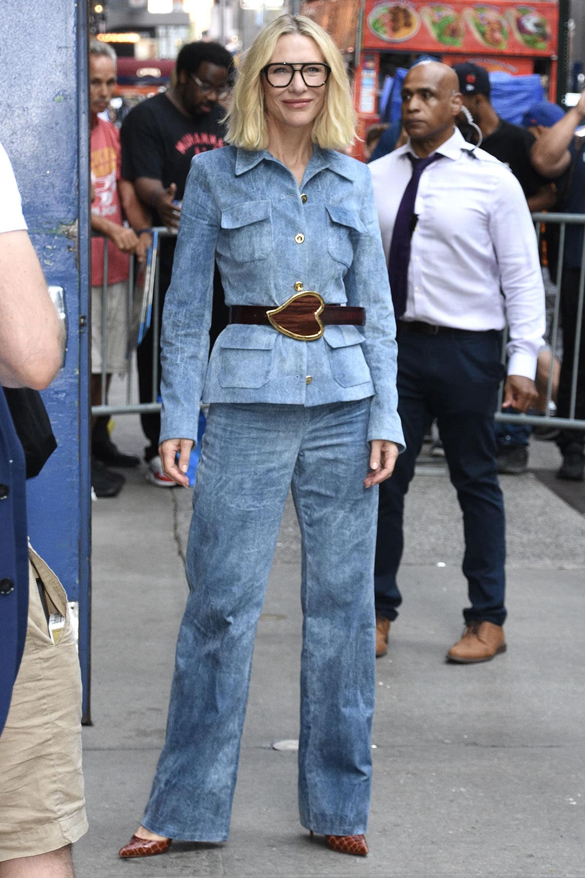 Cate Blanchett embraces the Canadian Tuxedo trend by pairing a denim-printed velvet jacket with matching straight-leg denim-style pants by Brandon Maxwell for her GMA appearance