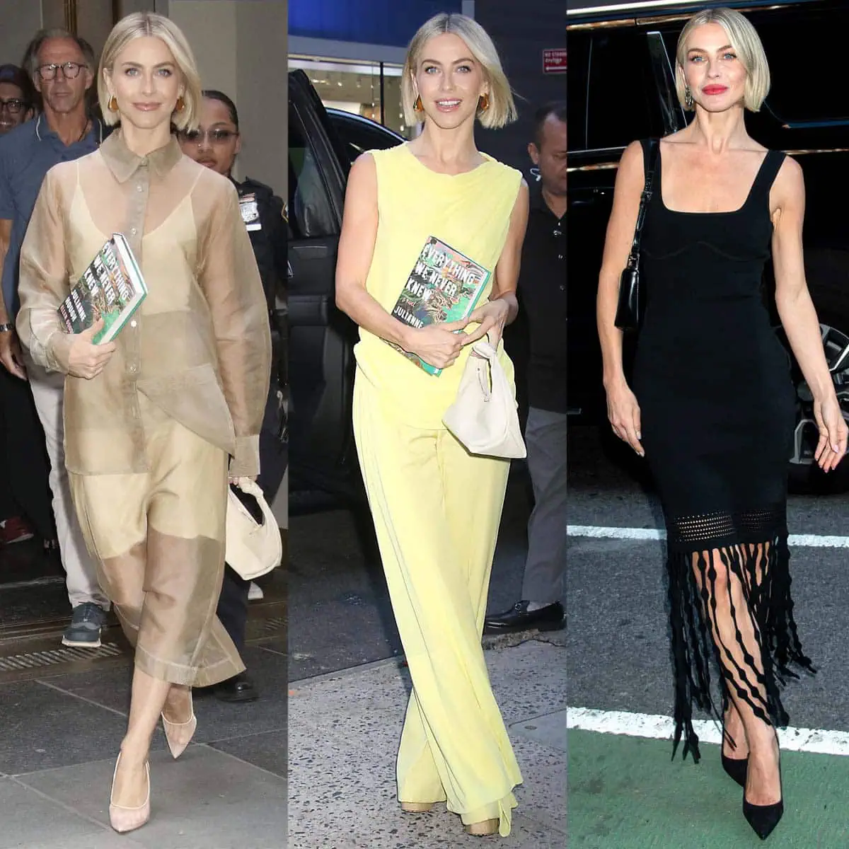 Julianne Hough promotes her debut novel Everything We Never Knew in yellow and black ensembles