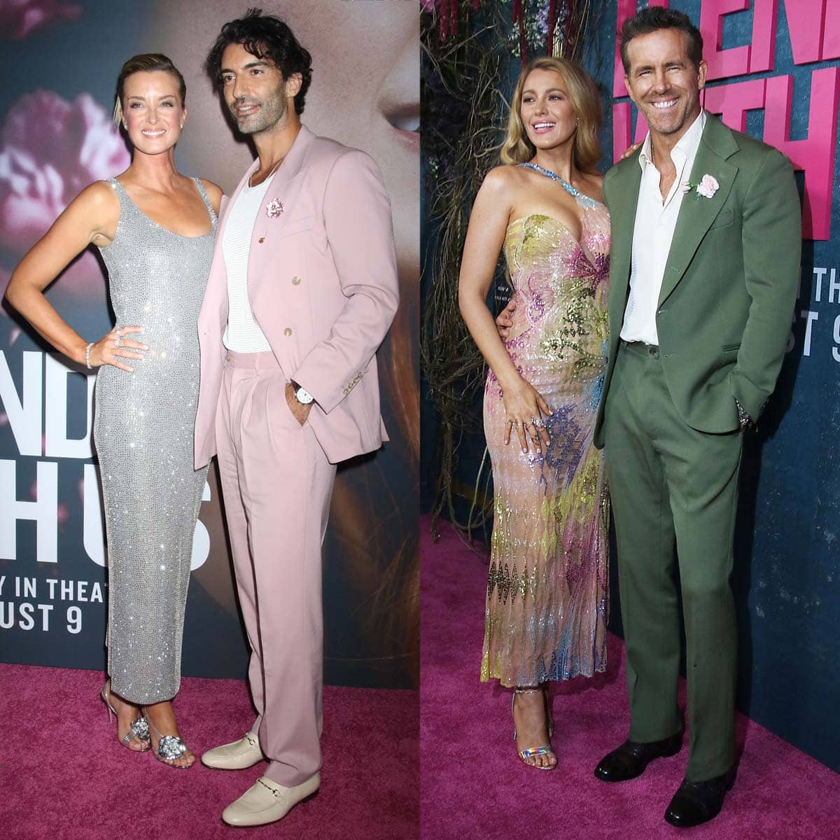 Justin Baldoni poses with his wife, Emily, while Blake Lively poses with her husband, Ryan Reynolds, at the world premiere of It Ends with Us, sparking feud rumors