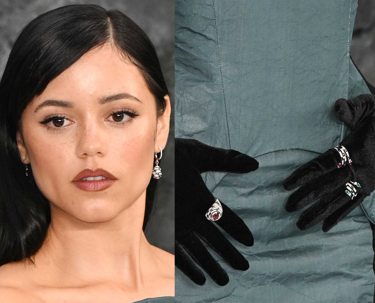 Jenna Ortega teams her teal gown with C’est Jeanne opera gloves and Fabergé Beetlejuice Beetlejuice spiral jewelry