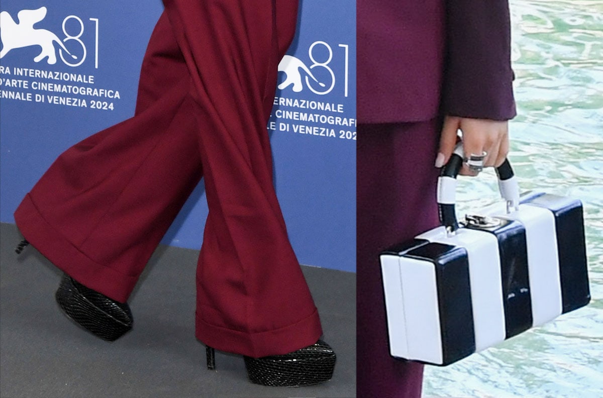 Jenna Ortega completes her burgundy suit with snakeskin platform pumps and Ozias striped bag inspired by Beetlejuice Beetlejuice