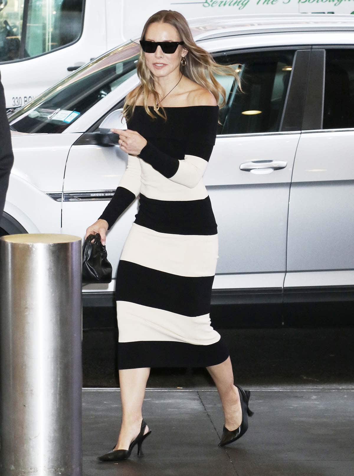 Kristen Bell channels Meghan Markle in a black-and-white striped sweater dress by Posse for her CBS Mornings appearance