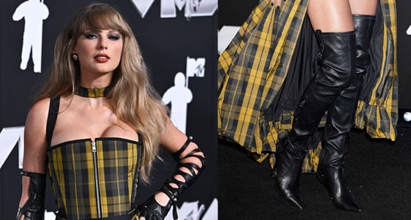 Clueless… But Make It Punk: Taylor Swift Breaks VMA Record in Yellow Plaid Dior Dress and Stuart Weitzman Maverick Boots