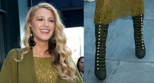 Blake Lively Embraces Fall in Monochromatic Chartreuse Green Lace Dress and Christian Louboutin Ronfifi Supra Thigh-High Boots