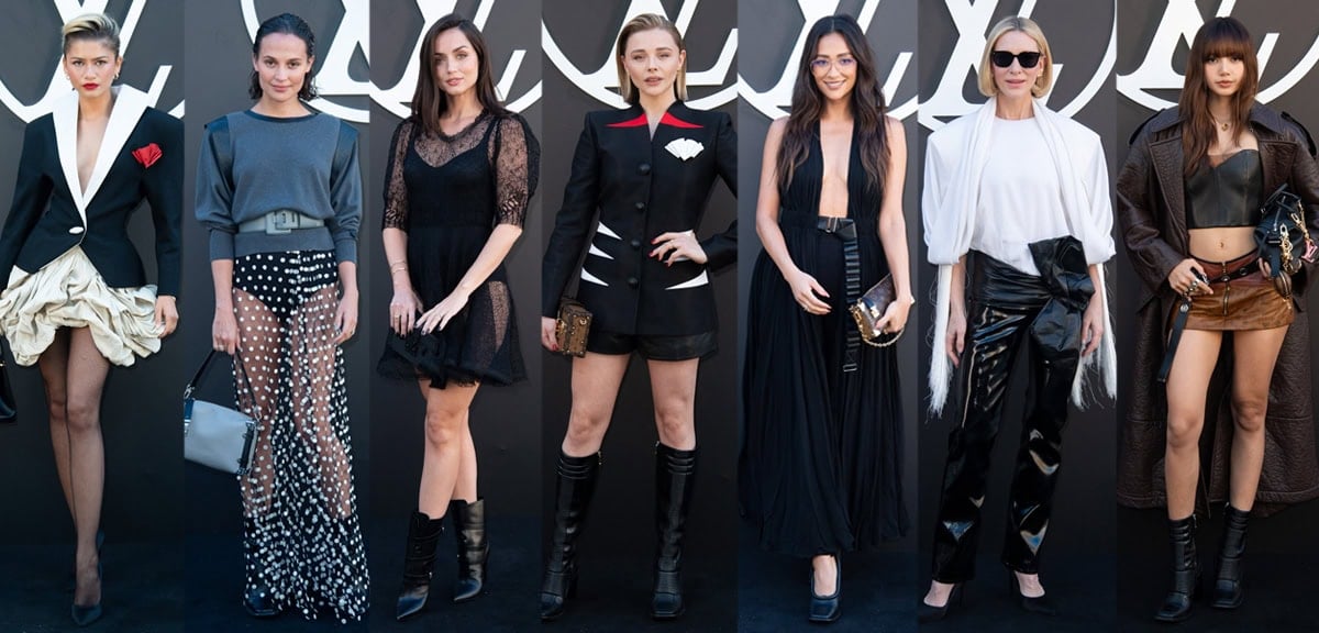 Celebrities, including Zendaya, Alicia Vikander, Ana de Armas, Chloe Grace Moretz, Shay Mitchell, Cate Blanchett, and Lisa, grace the Louis Vuitton Paris Fashion Week Spring/Summer 2025 fashion presentation