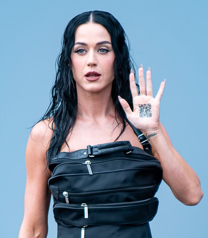 Katy Perry enhances her avant-garde look with a wet-look tousled wavy hairstyle, fluttery eyelashes, and matte rosy lipstick