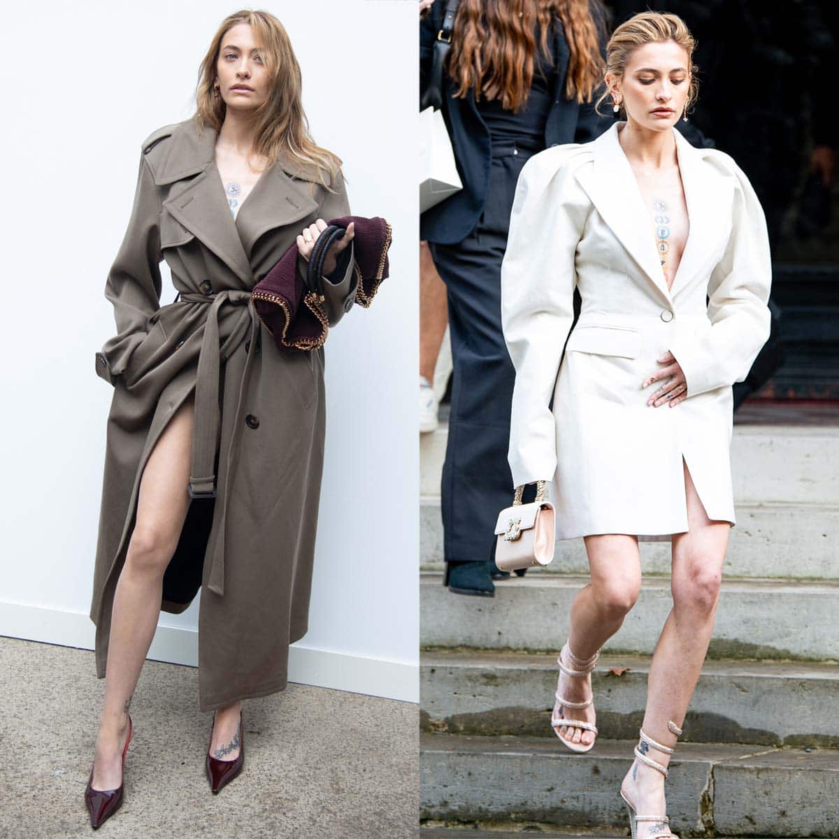 Paris Jackson attends Paris Fashion Week Womenswear Spring-Summer 2025 runway shows in powerful but sensual coat dresses