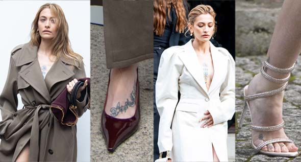 Paris Jackson at Paris Fashion Week: A Display of Legs and Tattoos in Plunging Coat Dresses, Sleek Pumps, and Wraparound Heels