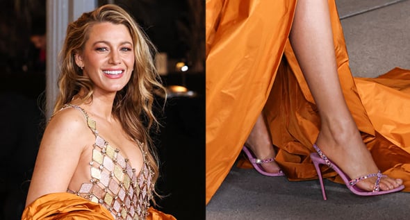 Blake Lively Brings the Drama to the LACMA Gala in Orange Tamara Ralph Cape, Chainmail Dress and Pink Christian Louboutin Heels