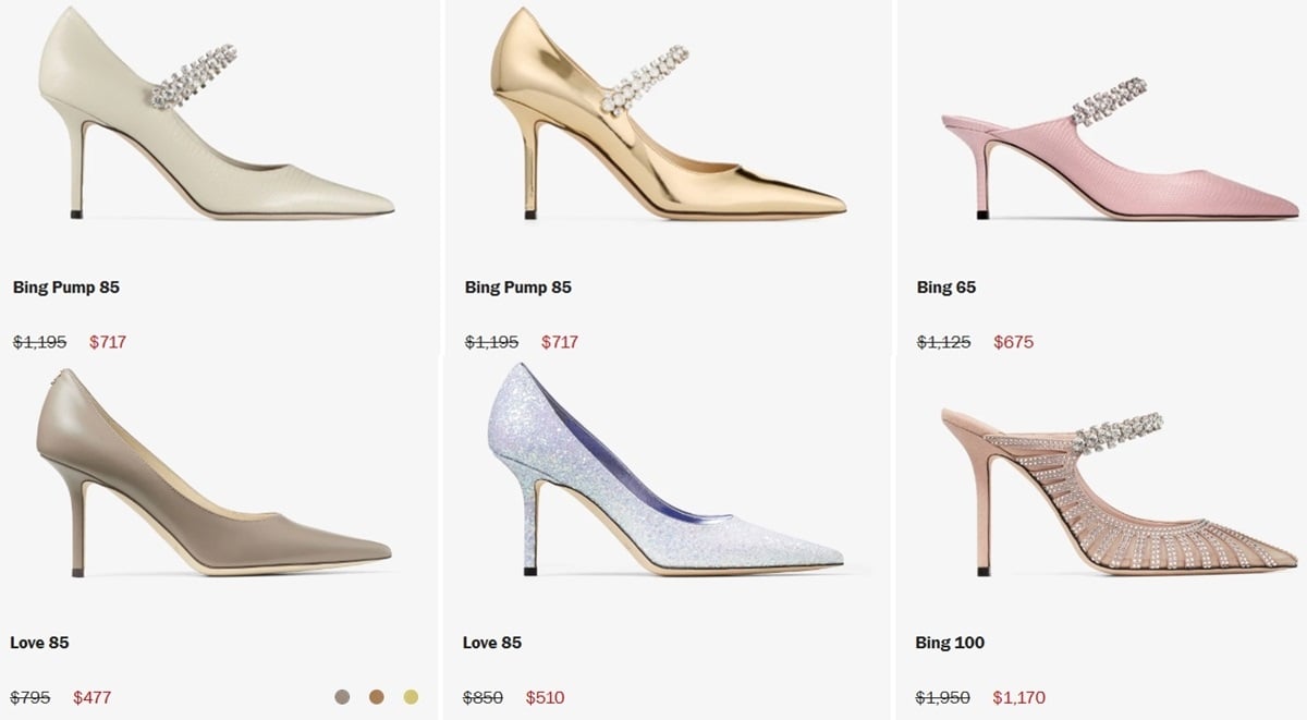 Explore the elegant Bing and Love pumps from Jimmy Choo, now available at up to 40% off in a variety of luxurious colors and styles