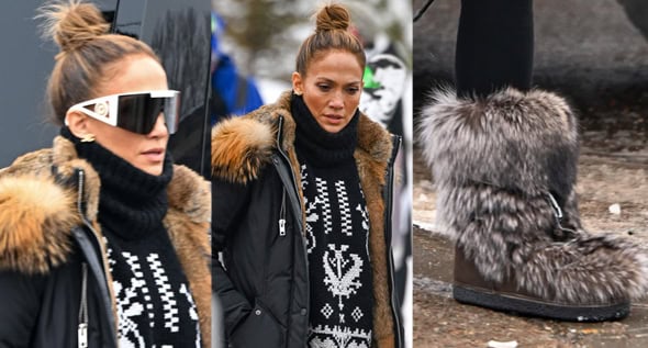 Jennifer Lopez Hits the Slopes in a Moncler Sweater and Brunello Cucinelli Fur Snow Boots