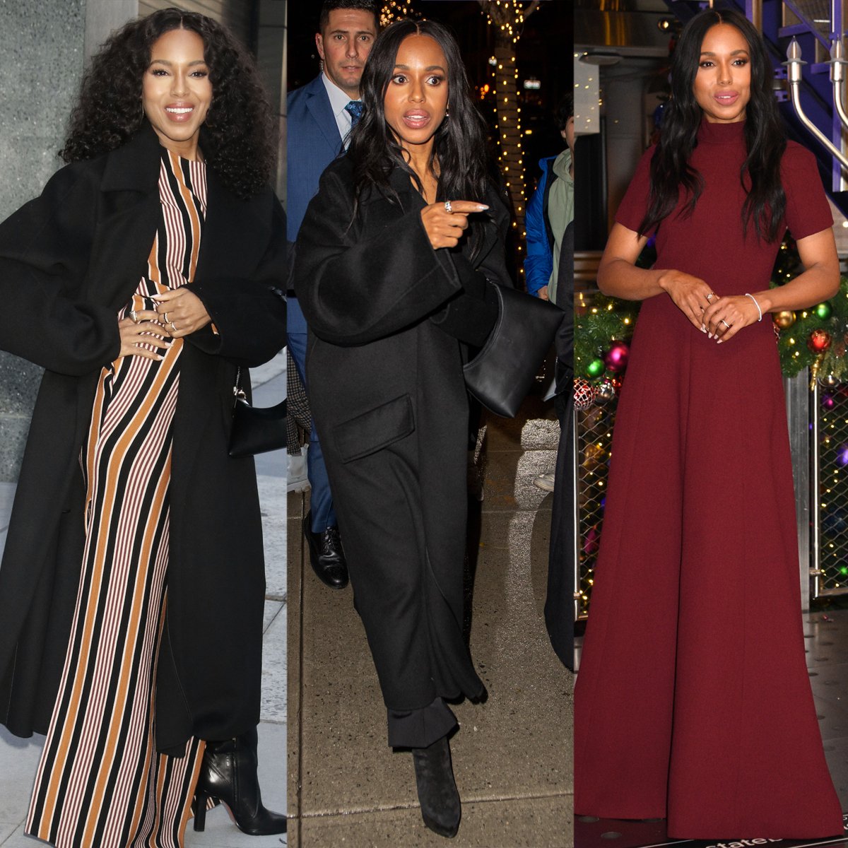 Kerry Washington promotes The Six Triple Eight in winter-chic ensembles: Missoni striped dress with Santoni boots, black coat with Christian Louboutin boots, and Emilia Wickstead dress with Aquazzura pumps