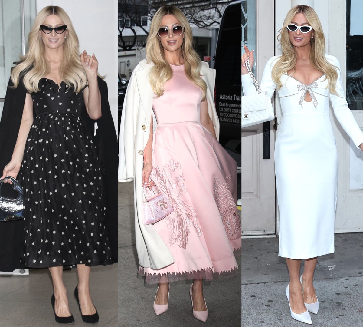 Paris Hilton promotes Paris and Nicole: The Encore in feminine dresses: a black Zimmermann midi dress, a pink Cong Tri dress, and a white Rebecca Vallance x Nicky Hilton dress