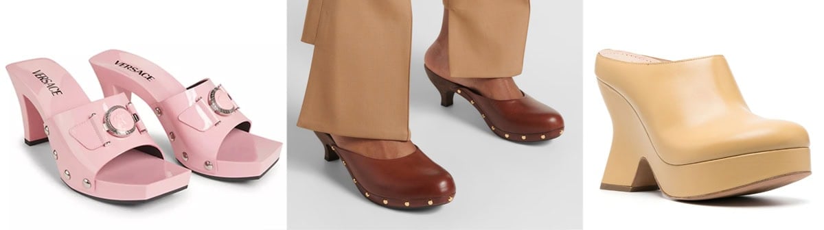 Trendy clogs for 2025, including Versace buckle clogs, Chloe studded designs, and Loewe wedge styles