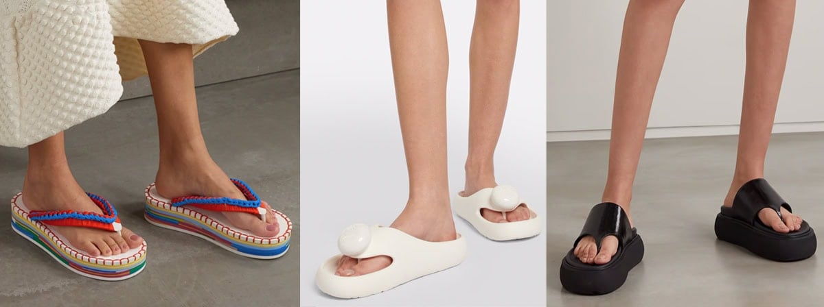 Modern flip-flops with platforms and heels, featuring designs from Chloe, Loewe, and The Attico