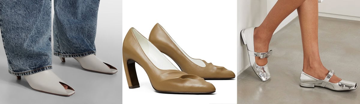 Elegant peep-toe shoes, featuring leather mules, pointed-toe pumps, and embellished ballet flats from Alaia, Tory Burch, and Versace