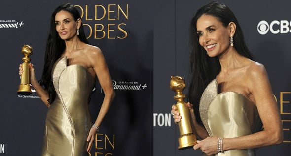 Golden Moment: Demi Moore Marks First Major Acting Award Win at the Golden Globes in Gold Armani Prive Gown and Christian Louboutin Heels