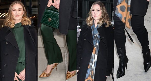 Julia Stiles Stuns in Winter Elegance With Leopard Pumps and Sleek Pointy Boots