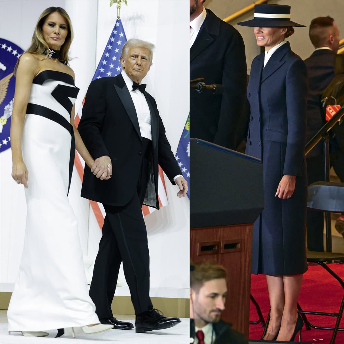 First Lady of the United States Melania Trump accompanies the President of the United States Donald Trump at the swearing-in at the US Capitol and at the inaugural balls wearing Manolo Blahnik pumps