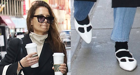 Katie Holmes Revives the 2015 Ballet Flats Trend with A.P.C. Shoes, Black Socks, and Two-Tone Jeans