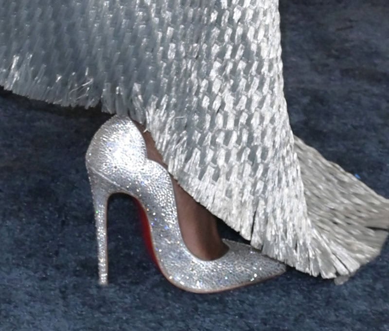 Cynthia Erivo dazzles in silver Christian Louboutin Hot Chick pumps encrusted with shimmering crystals