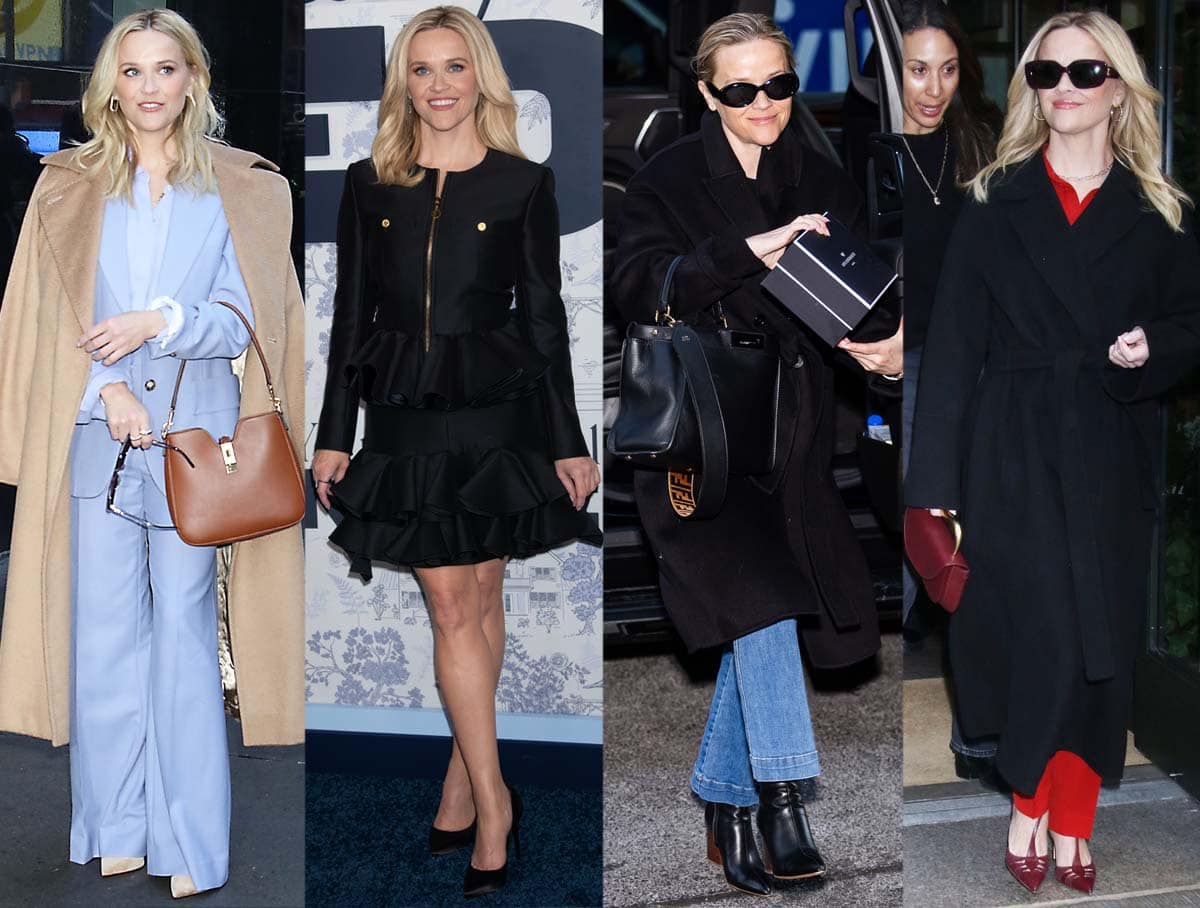 Reese Witherspoon looks chic in designer outfits from Victoria Beckham, Louis Vuitton, and Lafayette 148 with pumps and boots by Christian Louboutin and Carolina Herrera as she promotes her new film You’re Cordially Invited