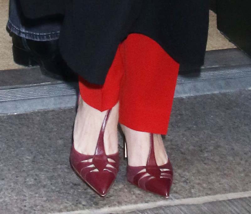 Reese Witherspoon keeps her ensemble cohesive by wearing a pair of burgundy pointed-toe pumps by Carolina Herrera