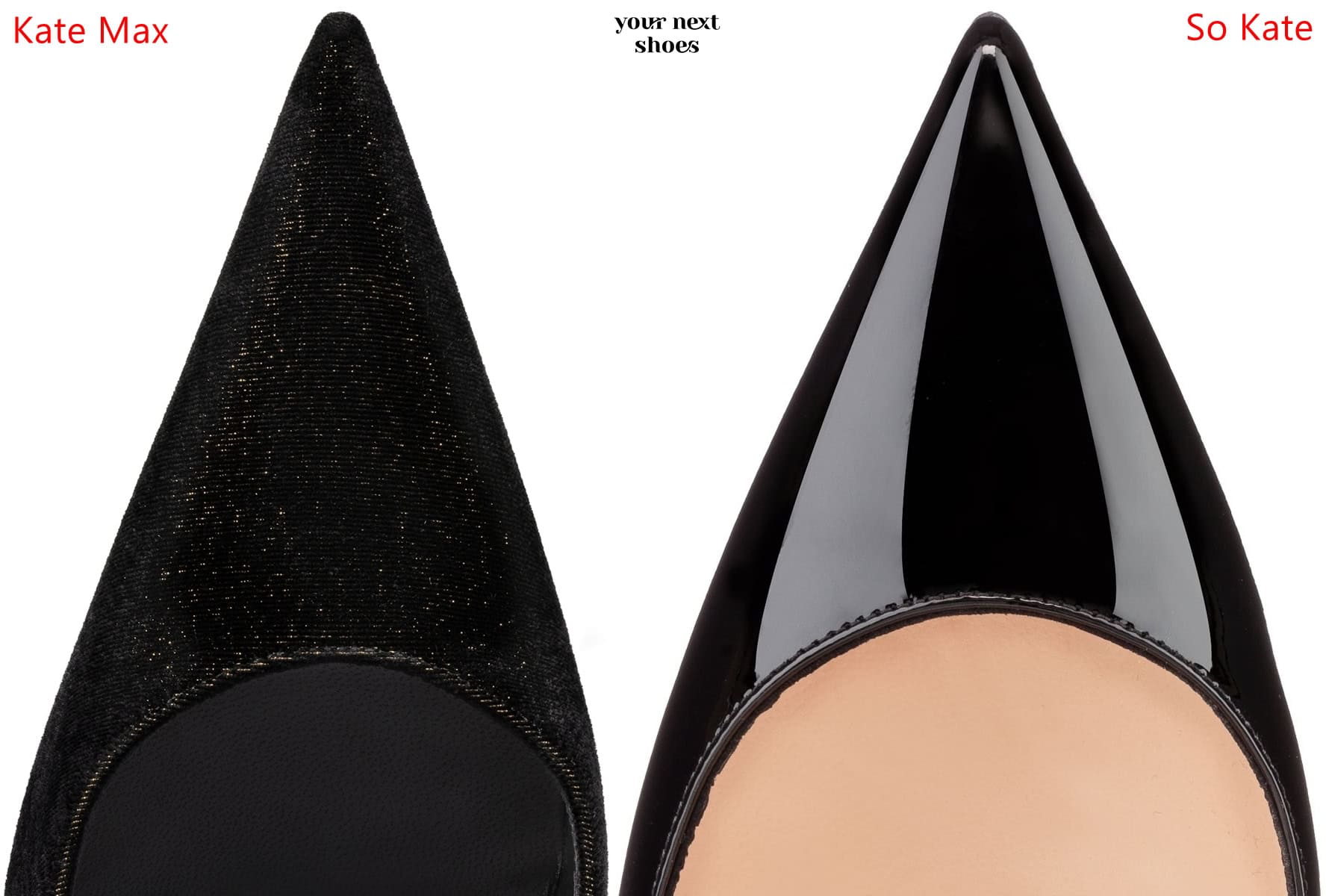 A side-by-side comparison of Christian Louboutin's ultra-pointed Kate Max (left) and the classic So Kate (right), showing the exaggerated toe shape that sets the Kate Max apart