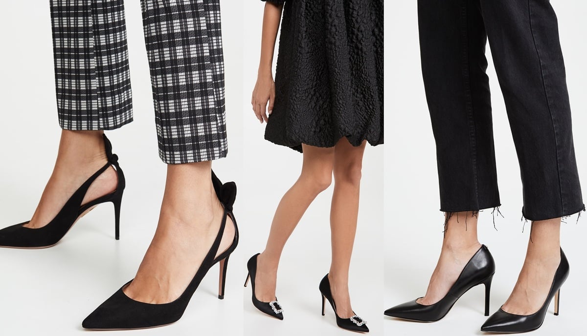 Three chic ways to style black pointy pumps: elevate tailored plaid trousers with slingbacks, add a touch of glamour with embellished pumps for a dressy look, or keep it effortlessly sleek with classic leather stilettos and raw-hem jeans