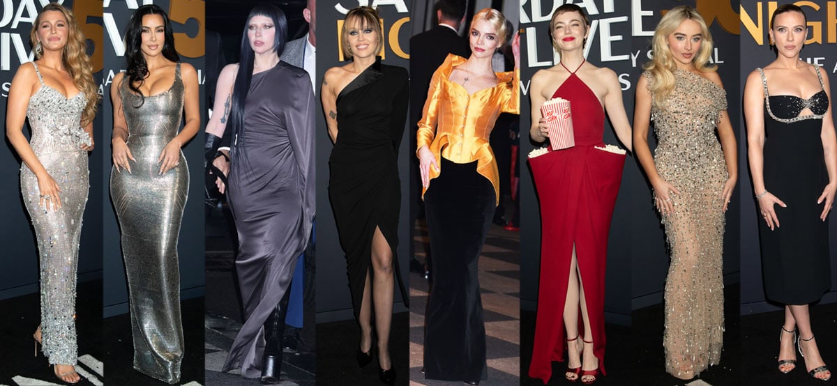 Blake Lively, Kim Kardashian, Lady Gaga, Miley Cyrus, Anya Taylor-Joy, Emma Stone, Sabrina Carpenter, and Scarlett Johansson on the red carpet for the SNL50: The Anniversary Show of Saturday Night Live