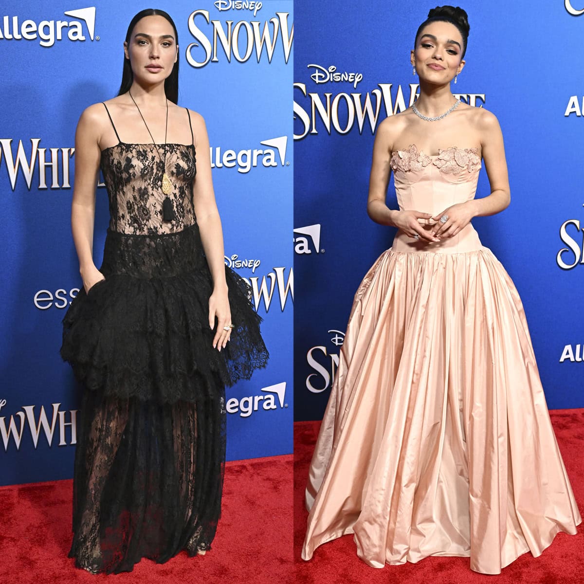 Gal Gadot and Rachel Zegler wow in contrasting outfits that channel their Snow White characters at the movie's world premiere at El Capitan Theatre