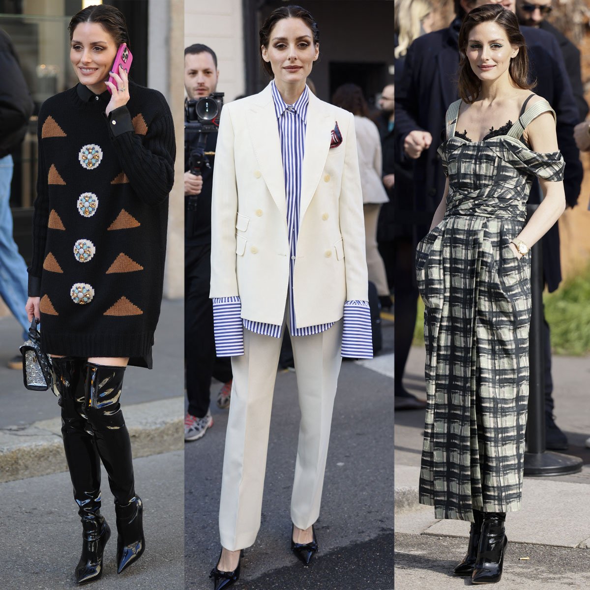 Olivia Palermo showcases her impeccable style at Milan Fashion Week, pairing Casadei Superblade heels with bold fashion choices, including glossy patent over-the-knee boots, sleek pointed-toe slingbacks, and edgy lace-detailed booties