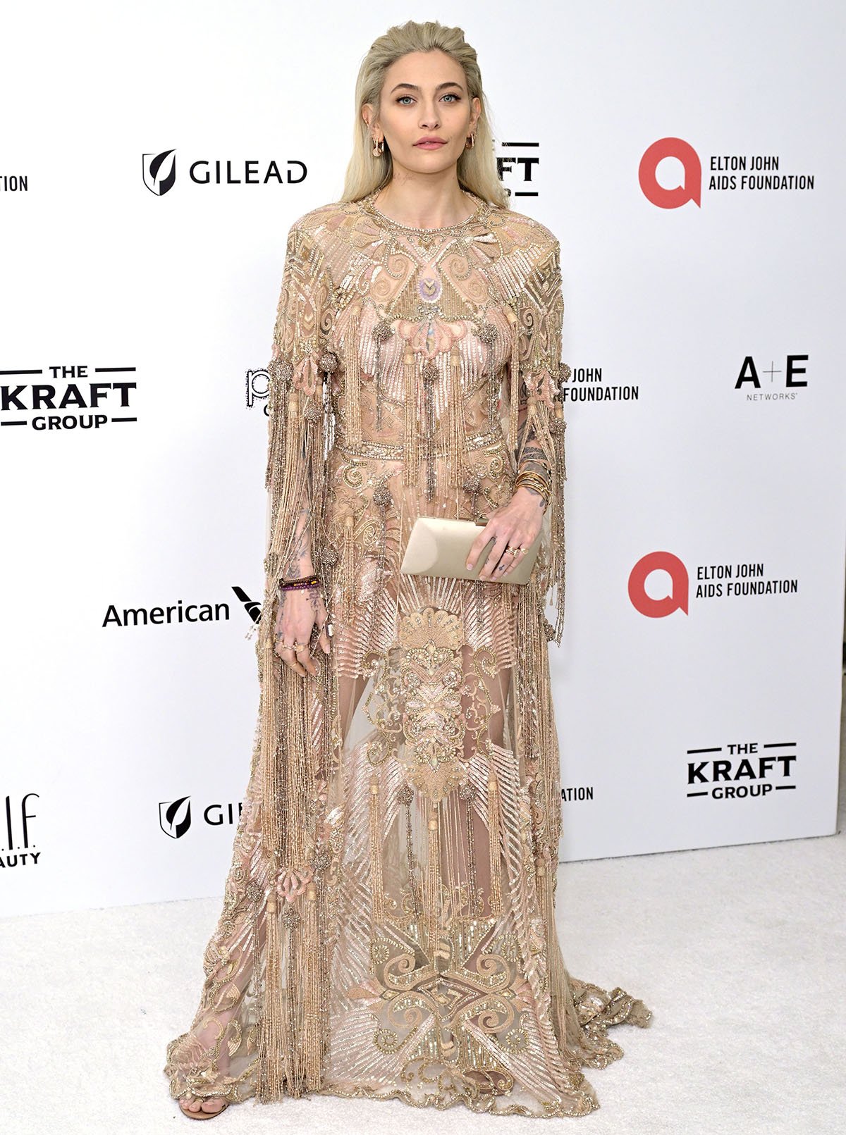 Paris Jackson channels her inner goddess in a sheer nude gown by Zuhair Murad, fully embellished with crystals, sequins, and beaded fringes