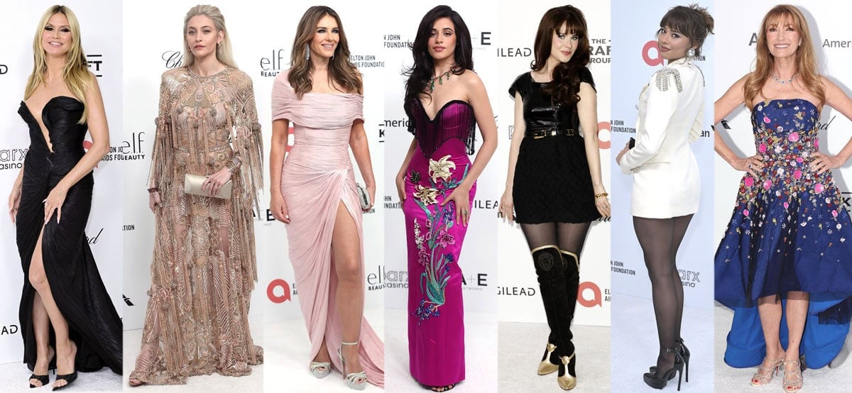 Heidi Klum, Paris Jackson, Elizabeth Hurley, Camila Cabello, Zooey Deschanel, Xochitl Gomez, and Jane Seymour wear statement shoes at the Elton John AIDS Foundation's 33rd Annual Academy Awards viewing party